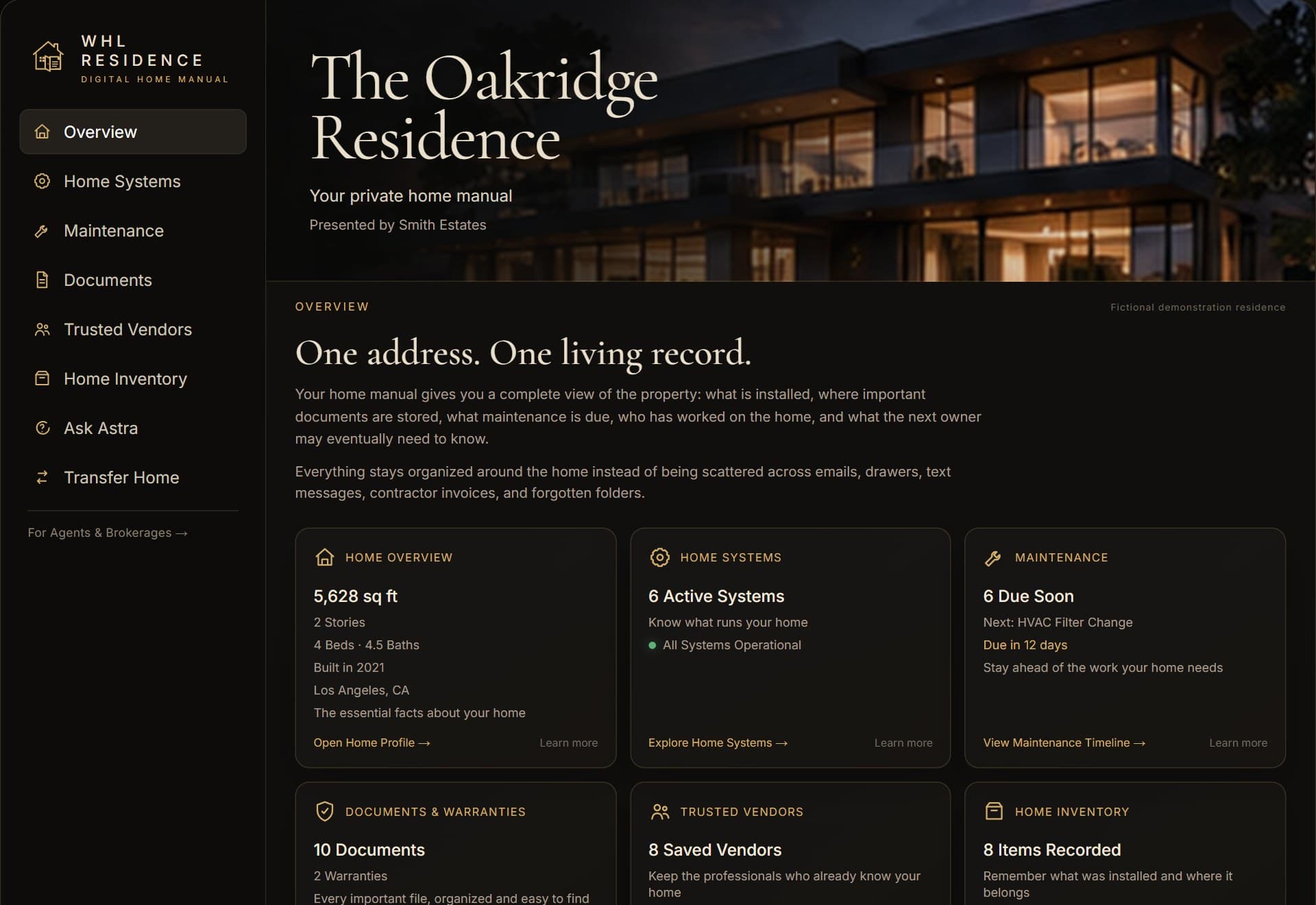 The Oakridge Residence home manual: the overview page, with the record's sections listed beside a photograph of the house and cards for systems, maintenance, documents, vendors, and inventory