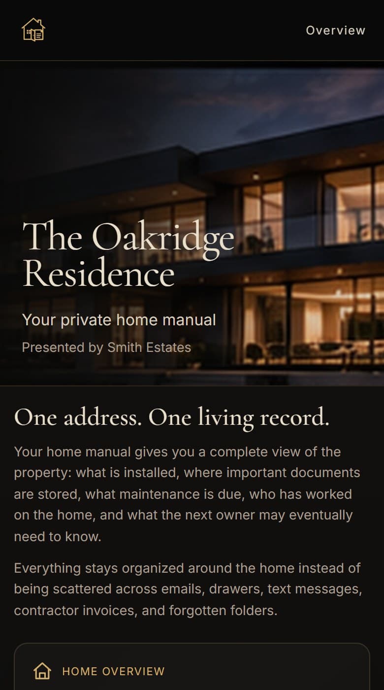 The Oakridge Residence home manual on a phone: the overview page with the house photograph and the first record card